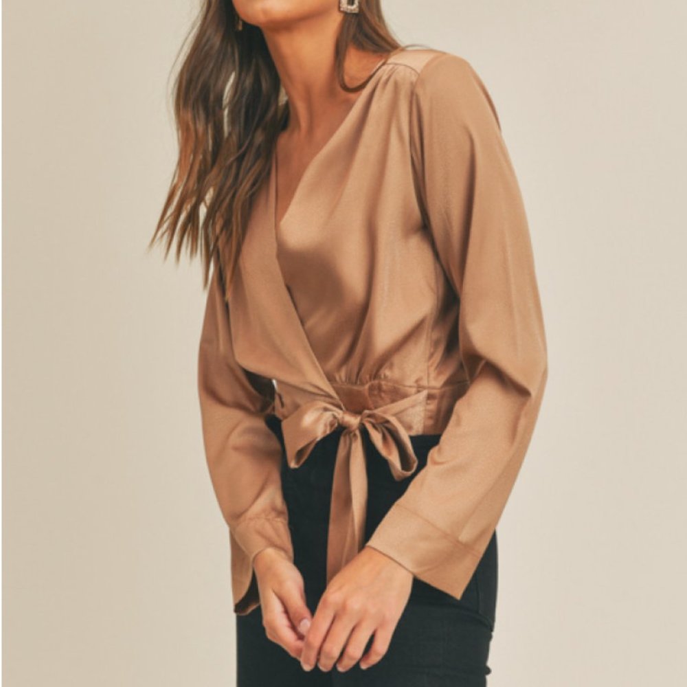 Satin Wrap Tie Blouse - Tan